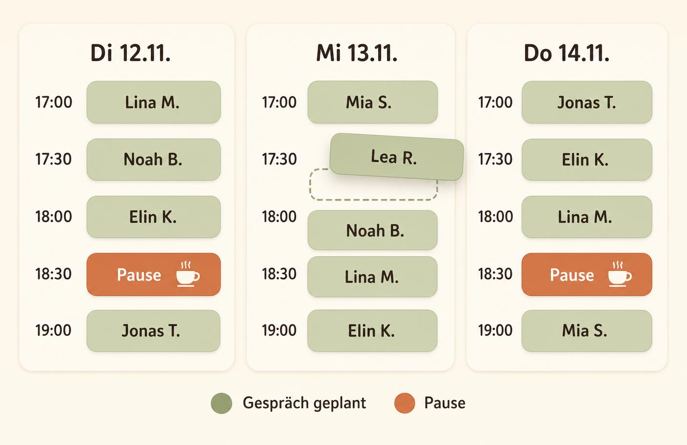Terminplan mit Drag-and-Drop: drei Abende mit Gesprächen und markierten Pausen